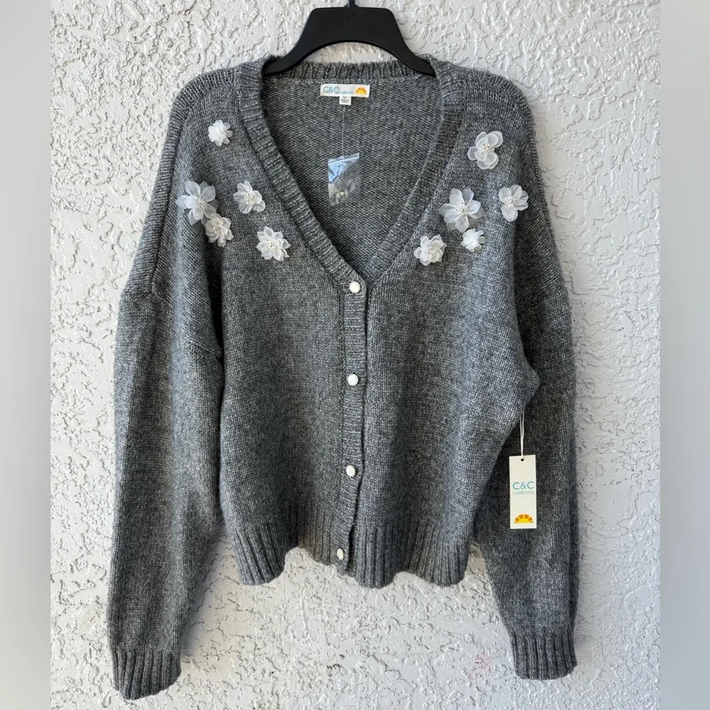 C&C California charcoal gray knit cardigan with floral appliques XL